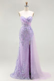 Purple Strapless Mermaid Corset Appliqued Prom Dress