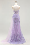Purple Strapless Mermaid Corset Appliqued Prom Dress
