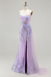 Purple Strapless Mermaid Corset Appliqued Prom Dress