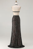 Sparkly Champagne Beaded Halter Cut Out Evening Dress