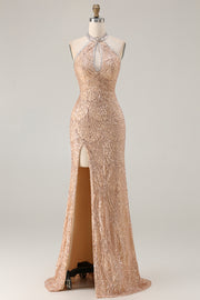 Sparkly Champagne Beaded Halter Cut Out Evening Dress
