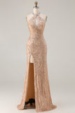 Sparkly Champagne Beaded Halter Cut Out Evening Dress