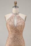 Sparkly Champagne Beaded Halter Cut Out Evening Dress