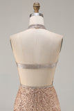 Sparkly Champagne Beaded Halter Cut Out Evening Dress