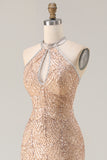 Sparkly Champagne Beaded Halter Cut Out Evening Dress