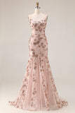 Sparkly Rose Golden Mermaid Sequin Appliqued Long Prom Dress with Lace Up Back