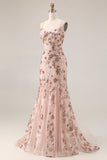 Sparkly Rose Golden Mermaid Sequin Appliqued Long Prom Dress with Lace Up Back
