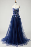 Navy Corset Strapless A Line Prom Dress with Appliques