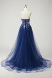 Navy Corset Strapless A Line Prom Dress with Appliques
