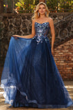 Navy Sequin Appliqued A Line Tulle Strapless Long Prom Dress