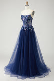 Navy Corset Strapless A Line Prom Dress with Appliques