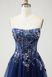 Navy Corset Strapless A Line Prom Dress with Appliques