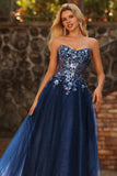 Navy Sequin Appliqued A Line Tulle Strapless Long Prom Dress