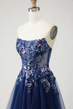 Navy Corset Strapless A Line Prom Dress with Appliques