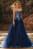 Navy Sequin Appliqued A Line Tulle Strapless Long Prom Dress