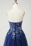 Navy Corset Strapless A Line Prom Dress with Appliques