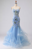 Mermaid Blue Corset Sequin Appliqued Tulle Long Prom Dress with Ruffles