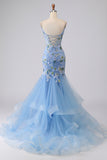 Mermaid Blue Corset Sequin Appliqued Tulle Long Prom Dress with Ruffles