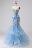 Mermaid Blue Corset Sequin Appliqued Tulle Long Prom Dress with Ruffles