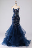 Mermaid Blue Corset Sequin Appliqued Tulle Long Prom Dress with Ruffles