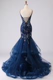 Mermaid Blue Corset Sequin Appliqued Tulle Long Prom Dress with Ruffles