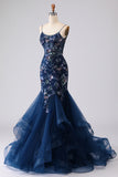 Mermaid Blue Corset Sequin Appliqued Tulle Long Prom Dress with Ruffles