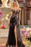 Off the Shoulder Navy Sequin A Line Long Prom Dress With Slit