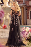Off the Shoulder Navy Sequin A Line Long Prom Dress With Slit