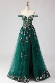 Off the Shoulder Dark Green Sequin A Line Long Prom Dress With Slit