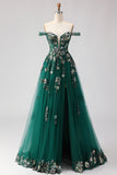 Off the Shoulder Dark Green Sequin A Line Long Prom Dress With Slit