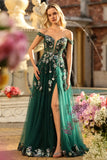 Dark Green Floral A-Line Off The Shoulder Corset Sequin Long Prom Dress with Slit