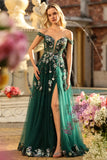 Dark Green Off the Shoulder Embroidered Corset Prom Dress