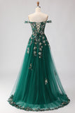 Off the Shoulder Dark Green Sequin A Line Long Prom Dress With Slit