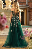 Dark Green Floral A-Line Off The Shoulder Corset Sequin Long Prom Dress with Slit