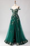 Off the Shoulder Dark Green Sequin A Line Long Prom Dress With Slit