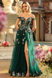 Dark Green Off the Shoulder Embroidered Corset Prom Dress