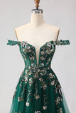 Off the Shoulder Dark Green Sequin A Line Long Prom Dress With Slit