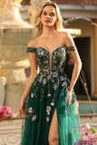 Dark Green Floral A-Line Off The Shoulder Corset Sequin Long Prom Dress with Slit
