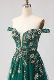 Off the Shoulder Dark Green Sequin A Line Long Prom Dress With Slit