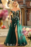 Dark Green Floral A-Line Off The Shoulder Corset Sequin Long Prom Dress with Slit