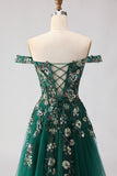 Off the Shoulder Dark Green Sequin A Line Long Prom Dress With Slit