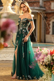 Dark Green Off the Shoulder Embroidered Corset Prom Dress
