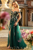 Dark Green Floral A-Line Off The Shoulder Corset Sequin Long Prom Dress with Slit