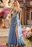 Grey Blue Off the Shoulder Embroidered Corset Prom Dress