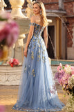 Off the Shoulder Navy Sequin A Line Long Prom Dress With Slit