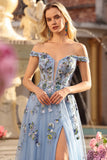 Off the Shoulder Navy Sequin A Line Long Prom Dress With Slit
