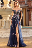 Off the Shoulder Navy Sequin A Line Long Prom Dress With Slit