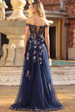 Off the Shoulder Navy Sequin A Line Long Prom Dress With Slit