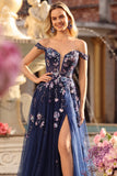 Off the Shoulder Navy Sequin A Line Long Prom Dress With Slit