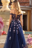 Off the Shoulder Navy Sequin A Line Long Prom Dress With Slit